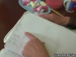 Two dudes bang nasty old teacher