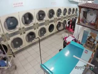 Voyeur bangs busty goddess in laundromat