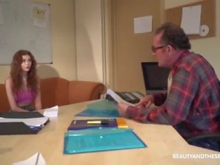 Lustful young young woman fucks a senior to get a job opening