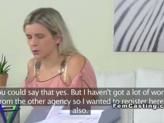 Blonde lesbian amateur eats female agent on casting